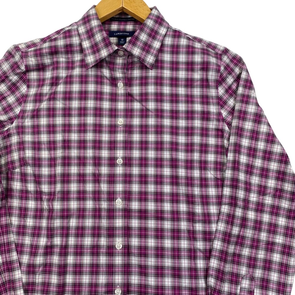 Lands End Button Down Shirt Womens 12 Purple Plaid No Iron Pinpoint Oxford